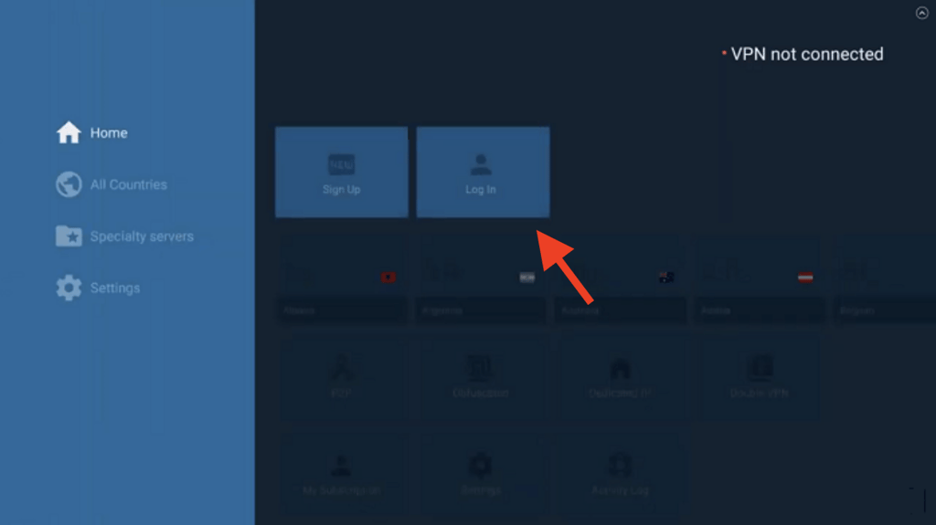NordVPN on Fire Stick login screen